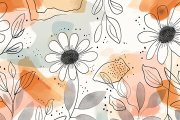 spring flowers, leaves, and daisies arranged in abstract natural line arts. organic shapes background