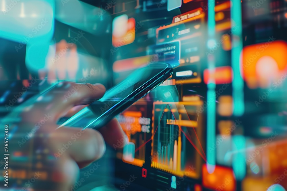 Poster close-up of a person's hands using a smartphone with futuristic digital graphs overlay.