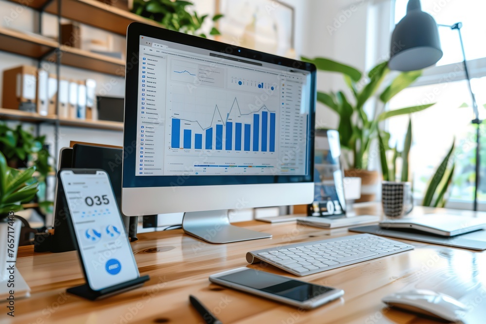 Poster a modern office desk with multiple devices displaying analytics.