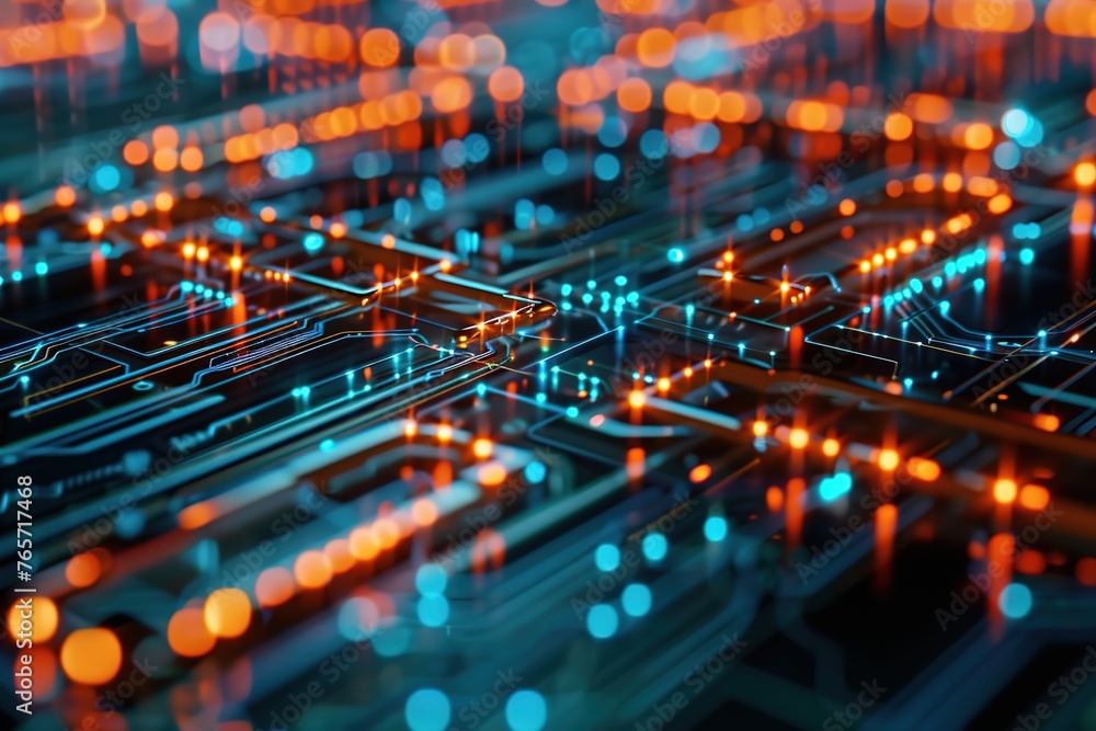 Poster glowing circuit board with intricate connections symbolizing digital technology.