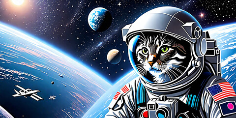 Science fiction space wallpaper with cat astronaut, incredibly beautiful planets, galaxies, dark and cold beauty of endless universe. Elements of this image furnished by NASA