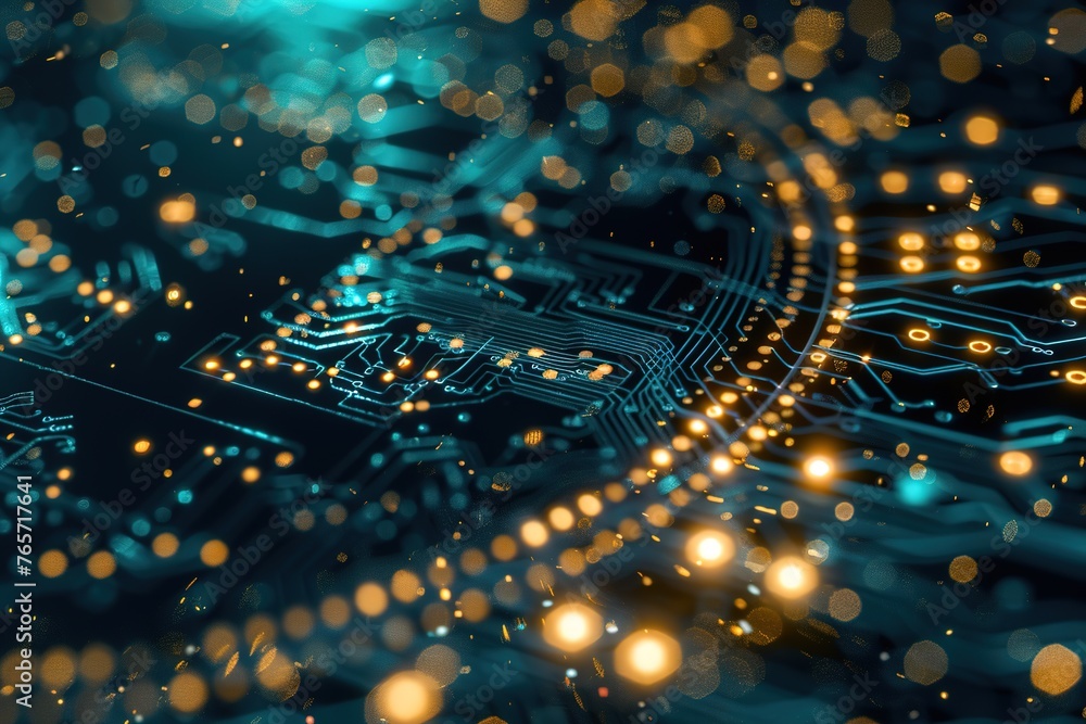 Poster close-up of a glowing electronic circuit board with bokeh lights.