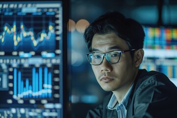 Focused analyst scrutinizing financial data on computer screens at night.