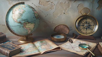 Fototapeta na wymiar Exploration Desk with Globe and Compass