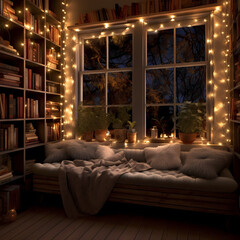 A cozy reading nook with shelves of books and soft cushions