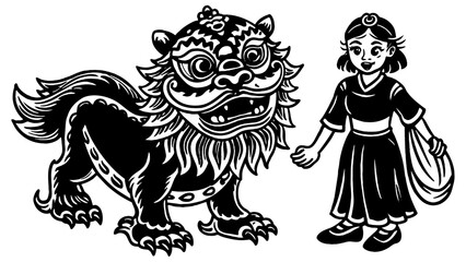 "Traditional Chinese Lion Dance Featuring a Chinese Girl: Hand-Drawn Illustration"