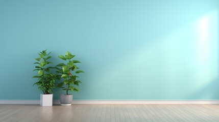 Minimalistic house interior with light blue wall and green plant for product display and presentation background.