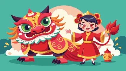Fotobehang "Traditional Chinese Lion Dance Featuring a Chinese Girl: Hand-Drawn Illustration" © AnilChandra