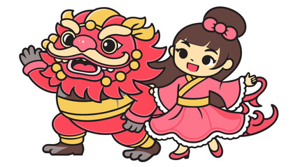 "Traditional Chinese Lion Dance Featuring a Chinese Girl: Hand-Drawn Illustration"
