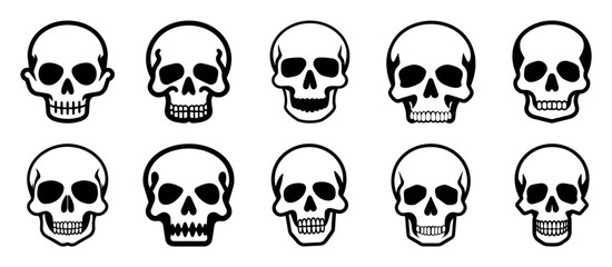 Skull silhouettes set, large pack of vector silhouette design, isolated white background.