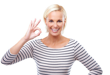 Woman, OK hand gesture and portrait with agreement, support and success for feedback or vote on...