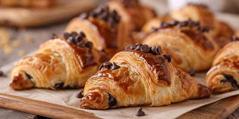 Crookie - croissant hybrid with chocolate chips on rustic white wood - Powered by Adobe