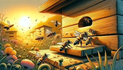 Busy Bees at Entrance of Hive in a Sunlit Apiary Surrounded by Flowers, Depicting Beekeeping Activity - obrazy, fototapety, plakaty