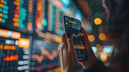 Closeup of Crypto Trader Executing Financial Trade on Phone App, Considering Investment Risks and Profit Potential - obrazy, fototapety, plakaty