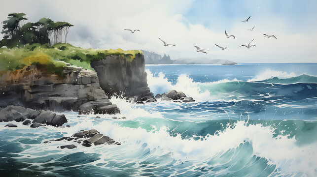 A watercolor painting of coastal scene with seagulls flying over crashing waves.