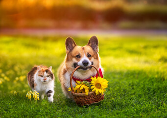 furry friends a cat and a corgi dog with a basket of sunflowers walking in a summer sunny garden - obrazy, fototapety, plakaty