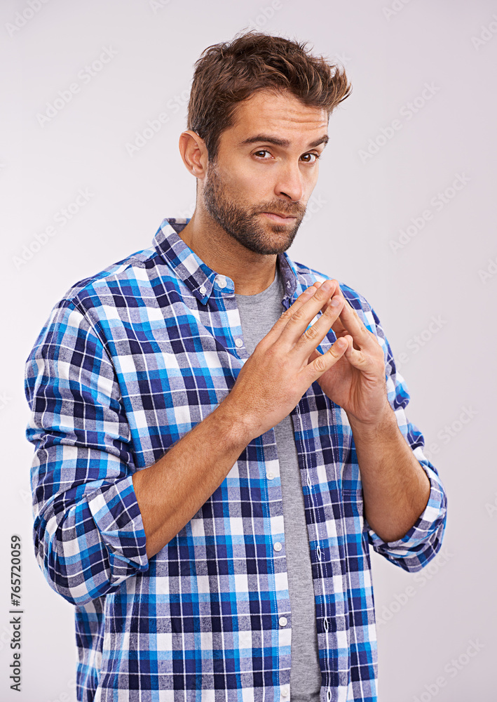 Poster Man, portrait and hands thinking for vision idea in studio with future problem solving, solution or white background. Male person, face and thoughts with confidence, mockup space or contemplation