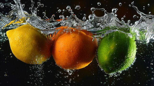 Lime, lemon, and orange drop into water, splash captured on black background. Photograph of lemon, lime, and orange splash in water, captured against black.