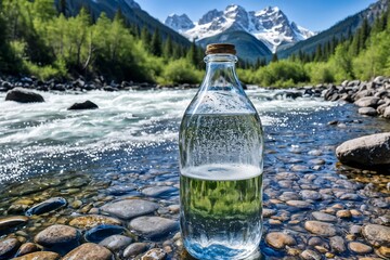 Mineralwasserflasche vor einem Bach im Gebirge  - obrazy, fototapety, plakaty