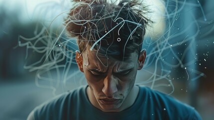 Sad young man with worried stressed face expression and brain melting into lines question marks. Obsessive compulsive, adhd, anxiety disorders concept - obrazy, fototapety, plakaty
