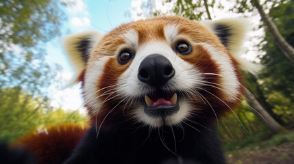 low angle red panda on the forest morning