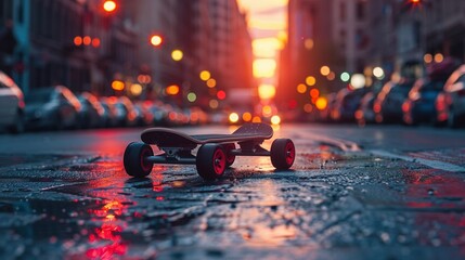 Cruising through the city streets on an electric skateboard - obrazy, fototapety, plakaty