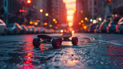 Abwaschbare Fototapete Cruising through the city streets on an electric skateboard © Premreuthai