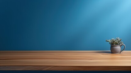 Wooden table and flower vase with blue wall and natural shadow from window for product display and presentation background.