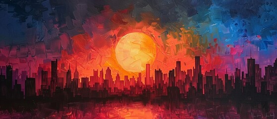 Urban sunset skyline painting