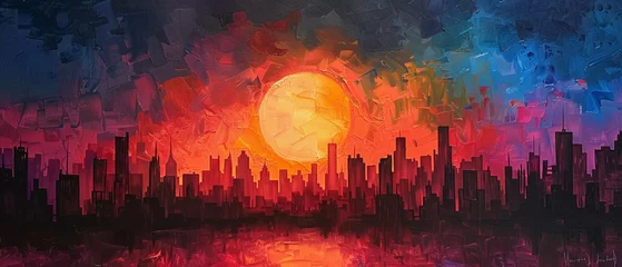 Fotobehang Aquarelschilderij wolkenkrabber  Urban sunset skyline painting