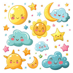 Set of clouds, sun, stars and moon isolated on white background. Set of bright stickers.
Design for children's room, dishes, textiles, cards.