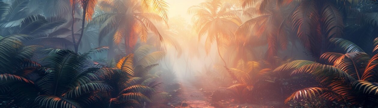 Virtual reality world inspired by the vibrant colors of a tropical rainforest