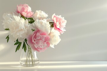 A scene of timeless elegance unfolds as pink and white peonies grace a pristine vase, their delicate blooms basking in the soft glow of a modern lamp.