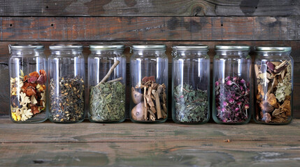 Glass Jars Filled with Herbal Remedy Ingredients
