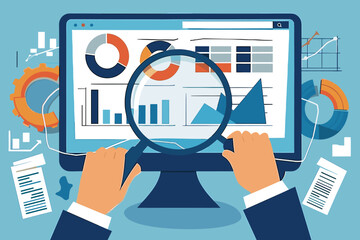 Businessman analyzing SEO optimization research report with magnifying glass, examining website traffic statistics charts and graphs on dashboard to improve search engine rankings and performance.
