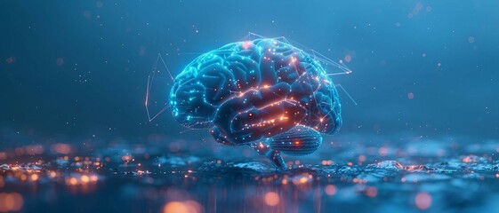 blue High-Tech Digital brain with Low Poly Wireframe on Blue Background. 3D Render with Polygon Mesh.
