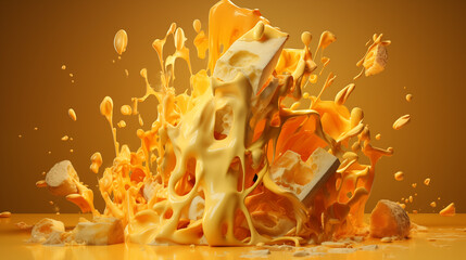 Vibrant 3D Rendering of a Dynamic Cheese Splash on an Orange Background.