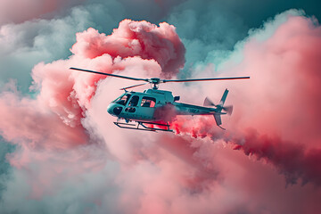 Helicopter with pink smoke flying in the sky for a special event of a baby's sex reveal. Impressive holiday pink smoke powder flight for parents to share a news. Pink smoke-powder. Bomb-Pink
