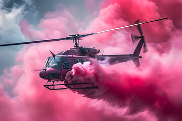 Helicopter with pink smoke flying in the sky for a special event of a baby's sex reveal. Impressive holiday pink smoke powder flight for parents to share a news. Pink smoke-powder. Bomb-Pink