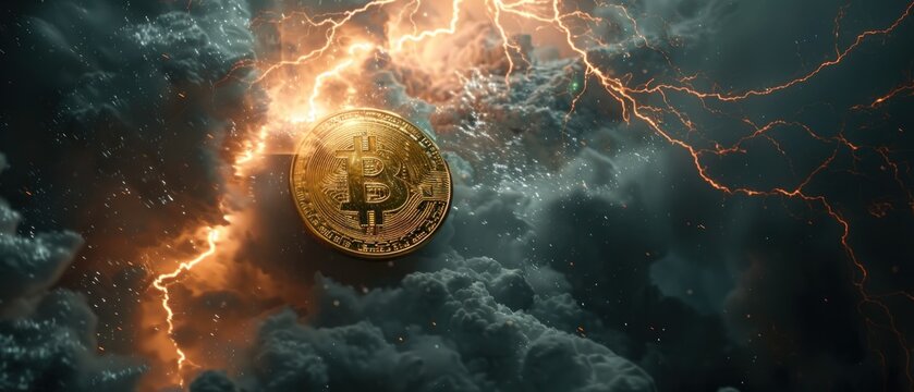 A serene yet powerful image of a Bitcoin coin sitting calmly in the eye of a lightning storm signifying stability amidst the chaos of the financial markets
