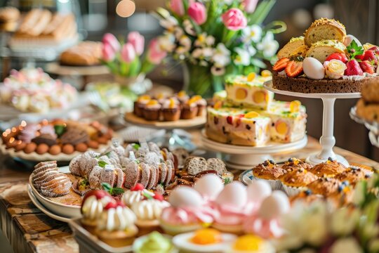 Delicious Easter Brunch - Decorated Table with Easter Eggs, Deli, Quiches, Cupcakes and More