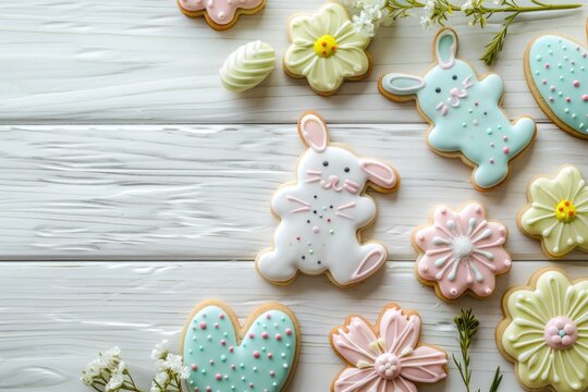 Delicious Easter Cookies with Colorful Icing and Spring Decorations on White Wood Background