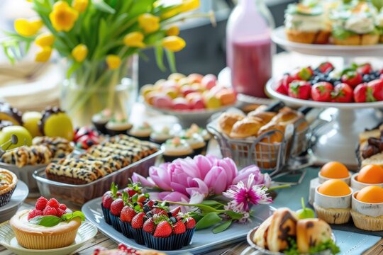 Easter Brunch Delicacies: Eggs, Quiches, Cupcakes & More | Buffet Table Ready for Easter Celebration