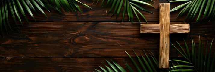 Palm Sunday and Easter Day Concept. Palm Cross and Palm Leaves on a Wooden Background for a Religious Sunday Service - obrazy, fototapety, plakaty
