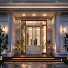 Main door to the luxury house with spring decoration, beautiful elegant entrance to the house, modern and elegant door, Spring time, Mockup	