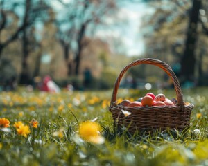A wicker basket filled with colorful Easter eggs lies amidst vibrant spring flowers in a sunny park setting.