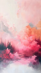 a painting of a river surrounded by trees and pink clouds