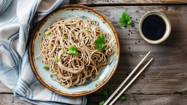 Panning Over a Plate of Soba Noodles on a Wooden Table