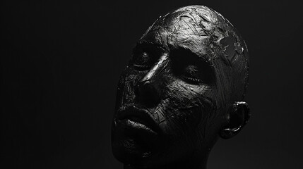 Cinematic head-to-image of an amorphic human form on a black background. High contrast black and white. 