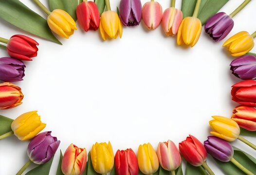 Floral background with copy space. Flat-lay frame of tulips. Womens day, mothers day greeting card